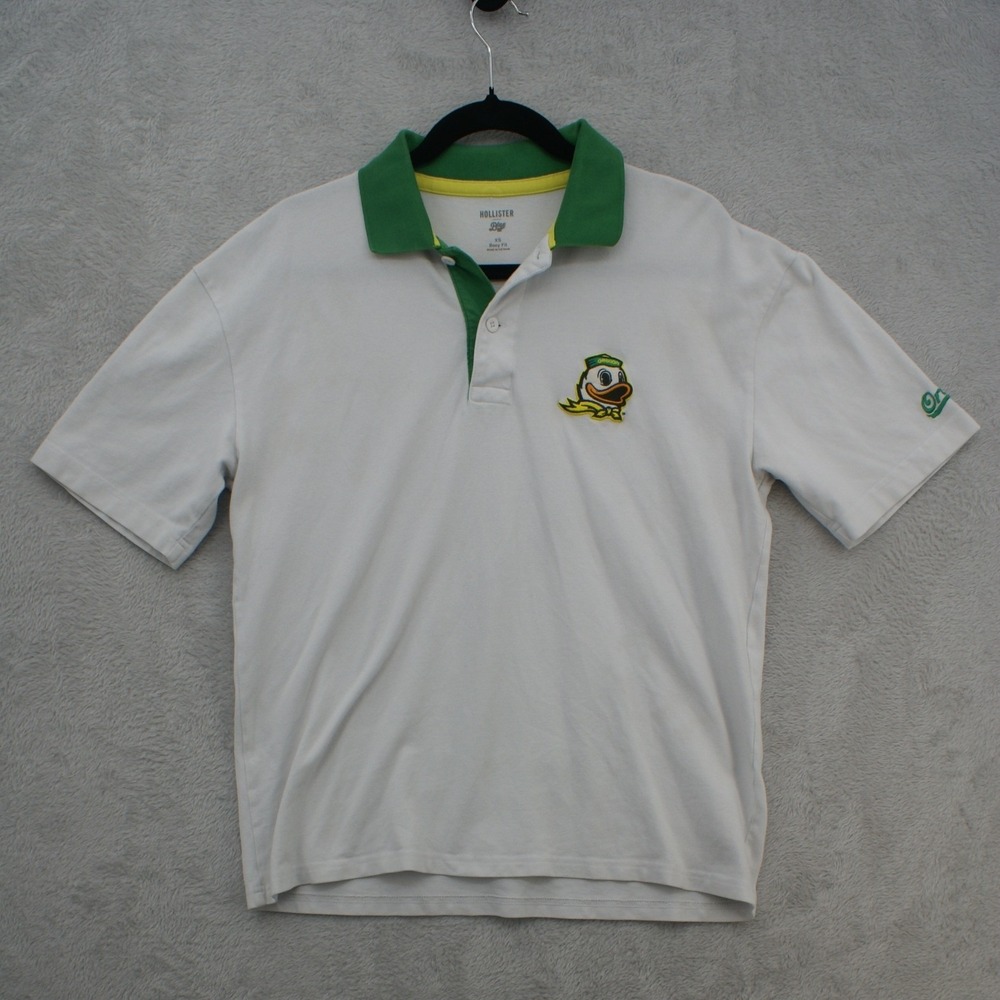 Hollister Blue Oregon Ducks Polo Shirt Mens XS White Boxy Fit Pique NCAA Mascot